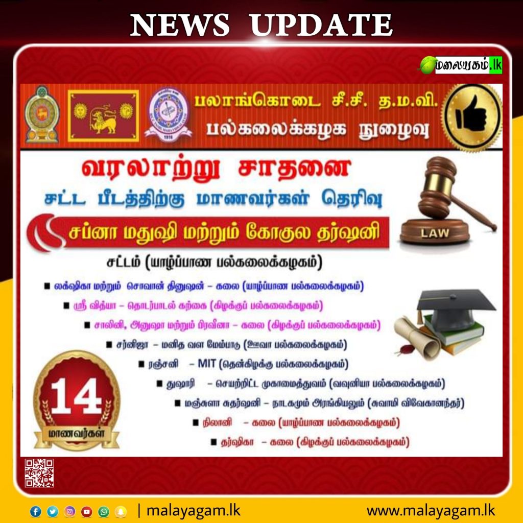 பலாங்கொடை சீ சீ. தமிழ் மகா வித்தியாலய வரலாற்றில் முதற் தடவையாக இரு மாணவிகள் சட்டத்துறைக்கு தெரிவு