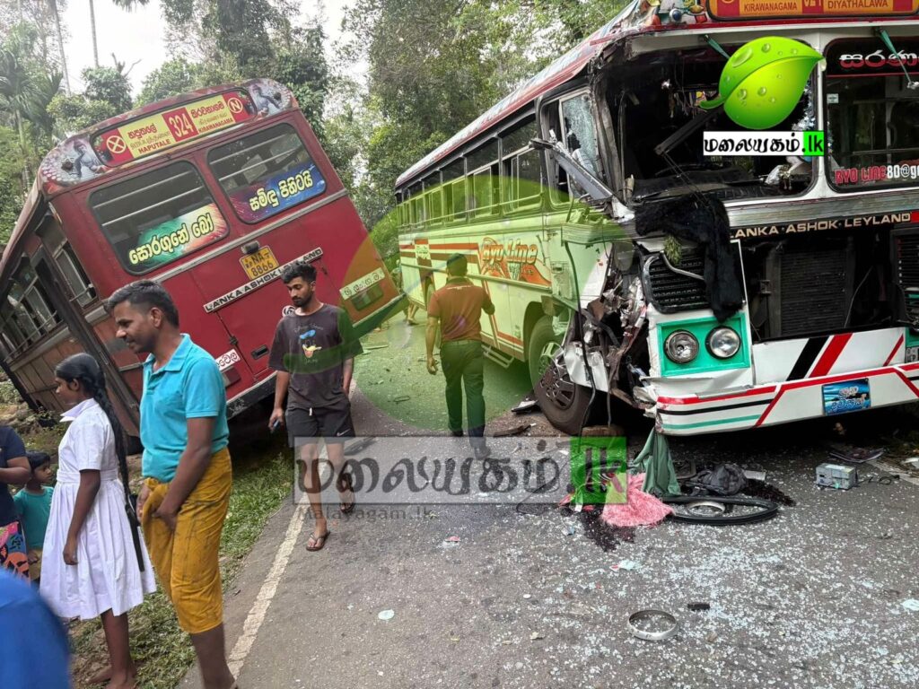 ஹல்தமுல்ல, கிரவணாகம பகுதியில் இரண்டு பேருந்துகள் நேருக்கு நேர் மோதி விபத்து ஆறு பேர் வைத்தியசாலையில்